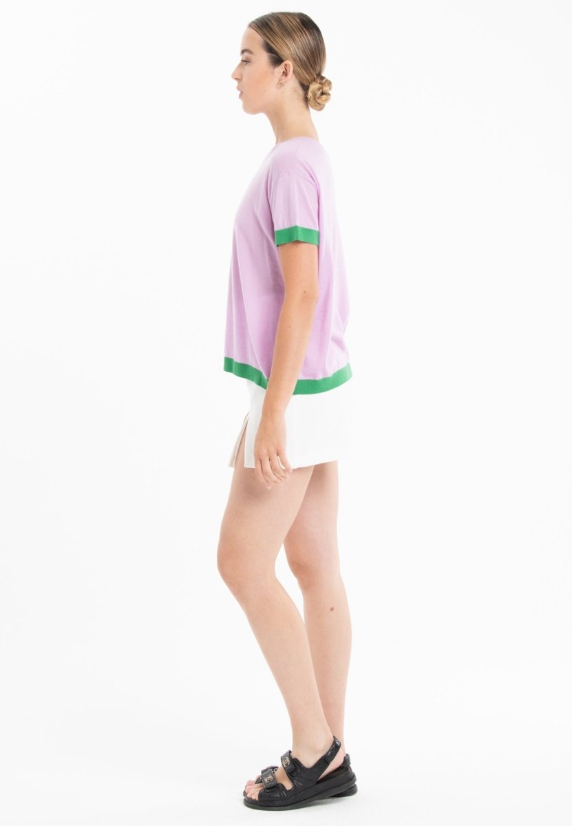 T shirt col rond manches courtes femme en cachemire & laine ultrafin lavande & vert - KELLY 1